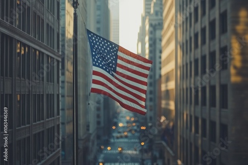 American flag waving between skyscrapers in downtown new york city
