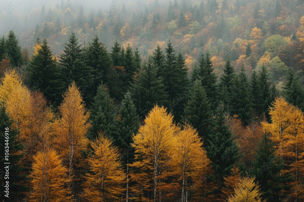 Fog covering evergreen and golden autumn trees on mountainside Fog covering evergreen and golden autumn trees on mountainside