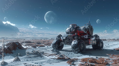 Futuristic rover exploring icy alien landscape with moons in view