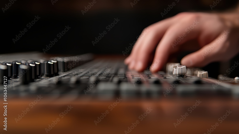 Fototapeta premium Musician's Focused Touch: Guitarist's Hand on Electric Guitar Fretboard in Recording Studio Ambience