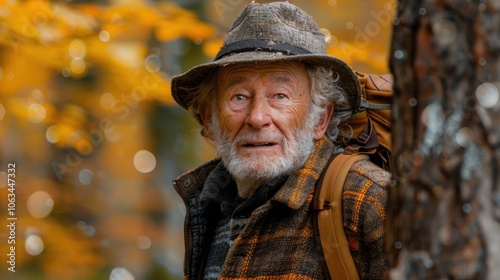 An elderly man with a backpack and a hat, set against an autumn forest backdrop, gazes thoughtfully forward.