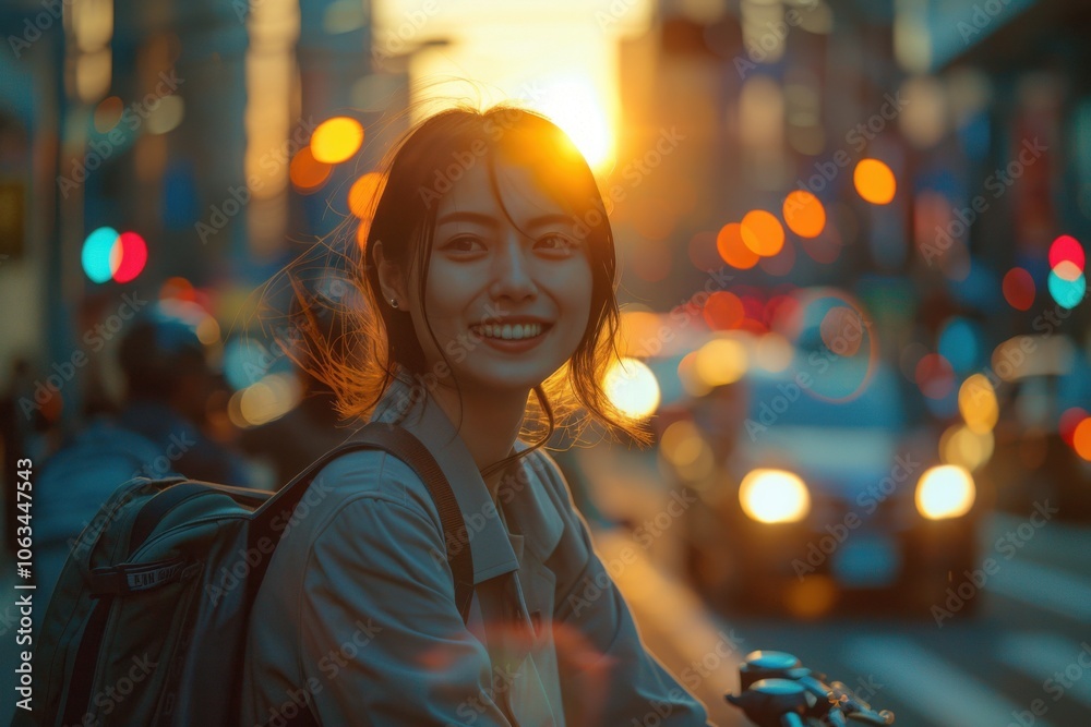 A young woman with a backpack smiles brightly while standing on a bustling city street at sunset, with vibrant bokeh lights creating a lively atmosphere. A young woman with a backpack smiles brightly while standing on a bustling city street at sunset, with vibrant bokeh lights creating a lively atmosphere.