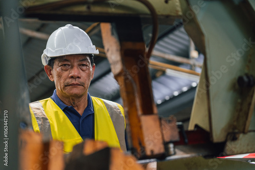 Industrial worker indoors in old factory. Industrial man Engineers in Hard Hats.Work at the Heavy Industry Manufacturing Factory.