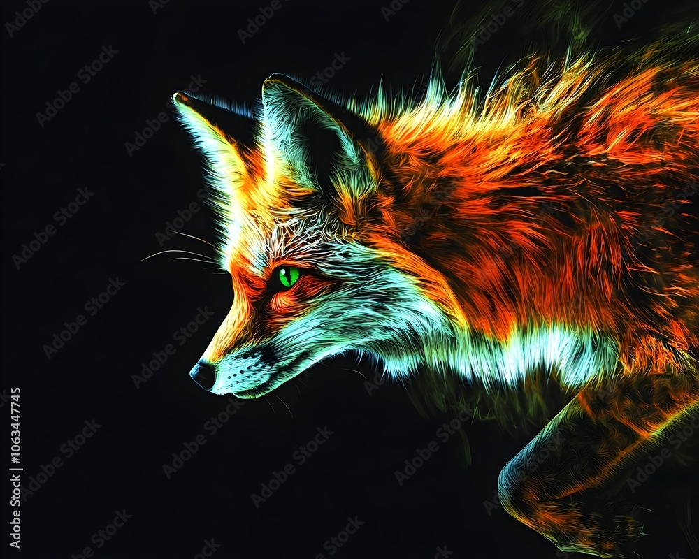 Fototapeta premium Neon Fox Prowling Stealthily in the Dark Glowing Fur and Eyes on Black Background