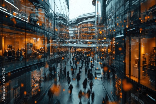 Crowd walking between modern buildings in futuristic city center