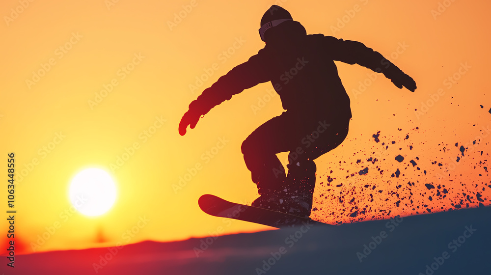 Snowboarder soars against vibrant sunset sky Snowboarder soars against vibrant sunset sky