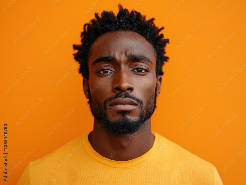 A man with a perplexed expression is set against a vivid orange background. His hair is styled in short twists, and he wears a bright yellow shirt. A man with a perplexed expression is set against a vivid orange background. His hair is styled in short twists, and he wears a bright yellow shirt.