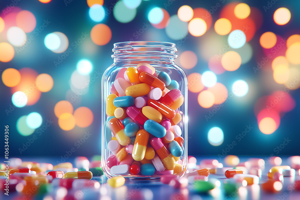 Colorful medicine pills spill out of a jar, creating a captivating contrast against a dreamy, shimmering backdrop Colorful medicine pills spill out of a jar, creating a captivating contrast against a dreamy, shimmering backdrop
