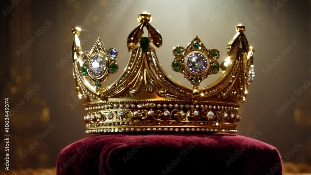 Ornate Golden Crown with Gemstones Resting on Velvet Cushion in Royal Setting