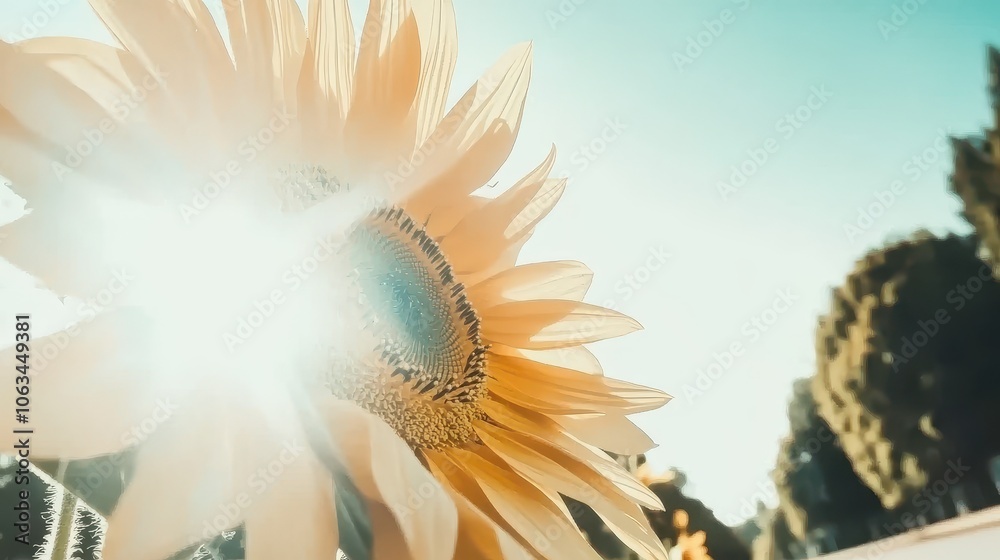 Obraz premium Sunflower field stretching toward the horizon under a vibrant blue sky, with each flower facing the sun, capturing the warmth and joy of summer.