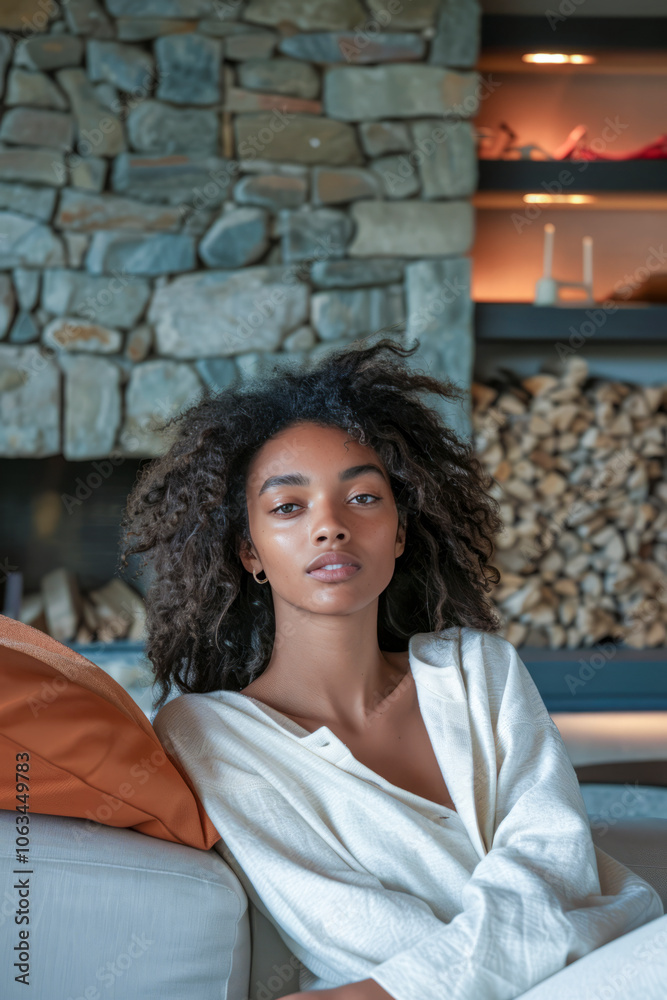 Portrait of a young woman with natural beauty and serene expression, seated in a cozy, rustic interior. Portrait of a young woman with natural beauty and serene expression, seated in a cozy, rustic interior.