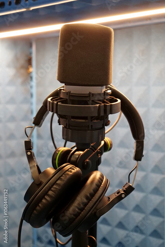 Microphone and headphones in recording studio photo