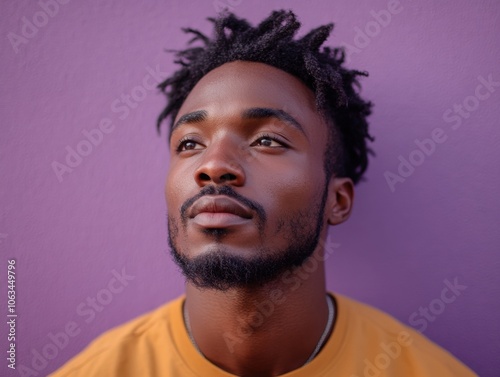 A man with a thoughtful expression looks upwards against a solid purple background, wearing a mustard-colored shirt. The mood is reflective and serene.