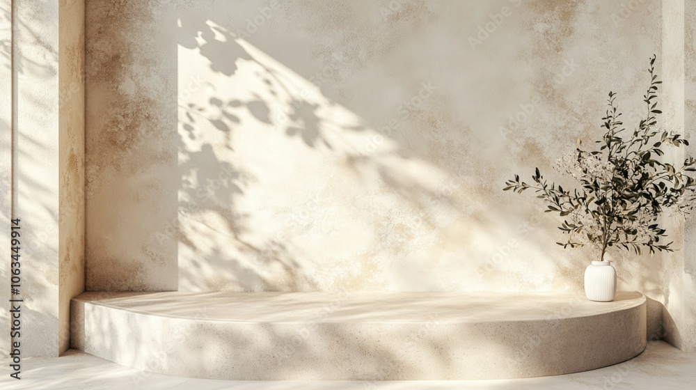 A serene white space showcasing a textured beige counter and a plant, with gentle shadows on the white wall. A serene white space showcasing a textured beige counter and a plant, with gentle shadows on the white wall.