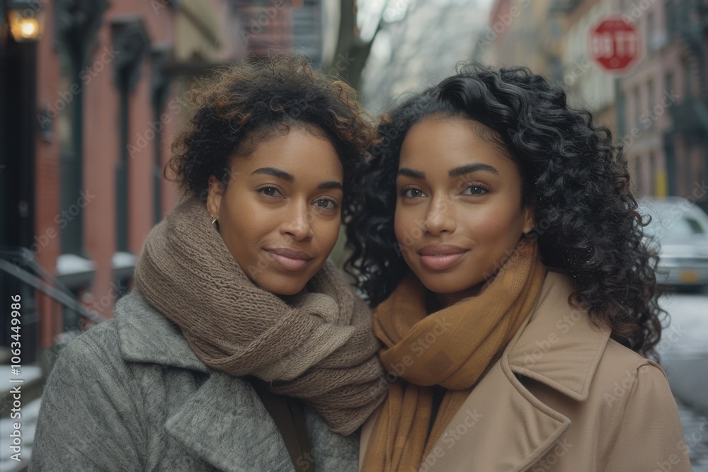 Close-up portrait of two smiling young women outdoors, wrapped in cozy scarves and coats, with a city street in the background. Close-up portrait of two smiling young women outdoors, wrapped in cozy scarves and coats, with a city street in the background.