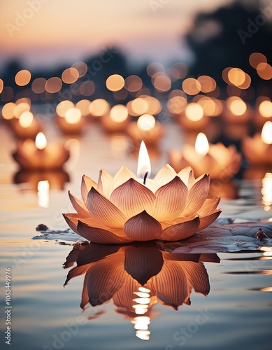 vesak lanterns floating on water with light reflection  photo