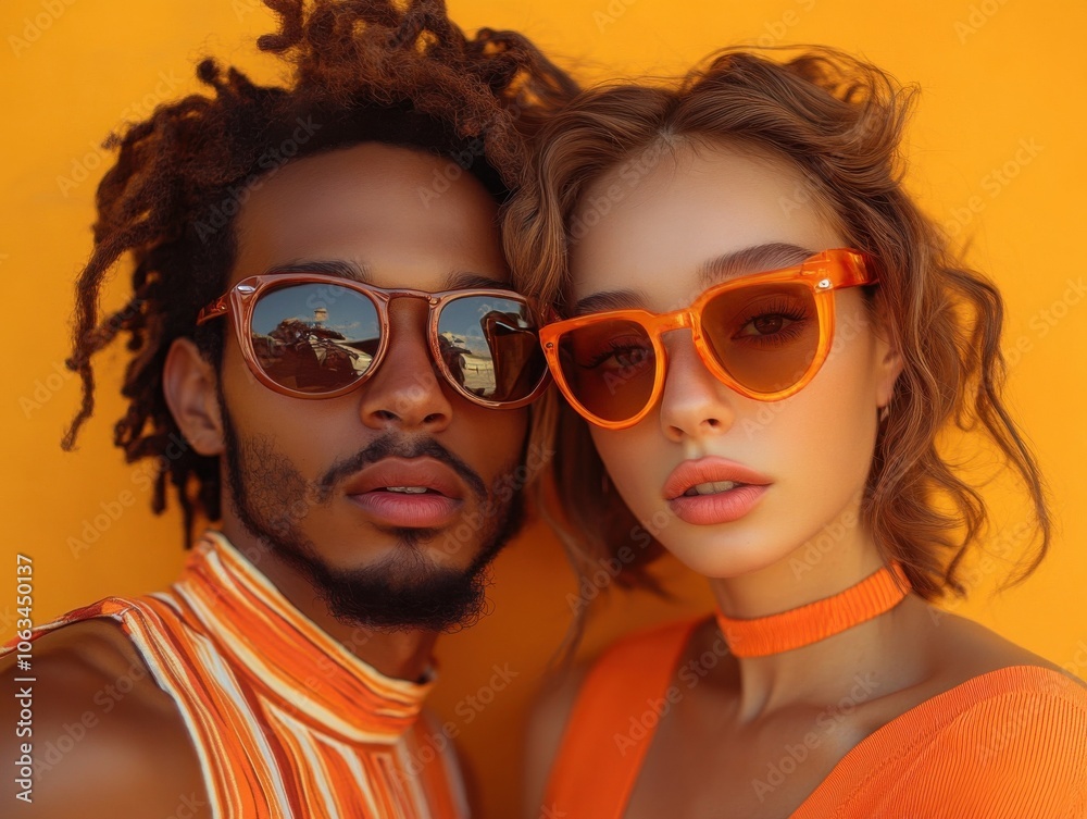 Two people in stylish orange sunglasses pose confidently against a bright orange background, matching their vibrant outfits. Two people in stylish orange sunglasses pose confidently against a bright orange background, matching their vibrant outfits.