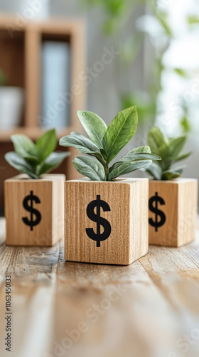 Growing plants in wooden pots with dollar signs, symbolizing wealth and growth