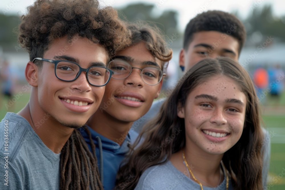 A portrait of four young friends smiling together outdoors, capturing a joyful and lively moment during the day. A portrait of four young friends smiling together outdoors, capturing a joyful and lively moment during the day.