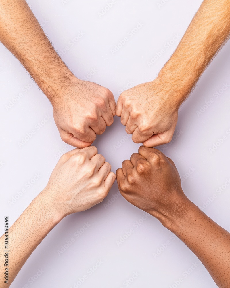 Fototapeta premium A diverse group of hands in a fist pose, representing unity, strength, and teamwork against a light background.