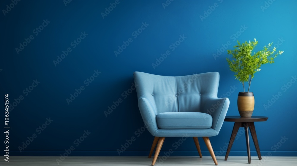 interior design concept armchair with blue upholstery coffee table with wooden surface on blue wall background with a green plant