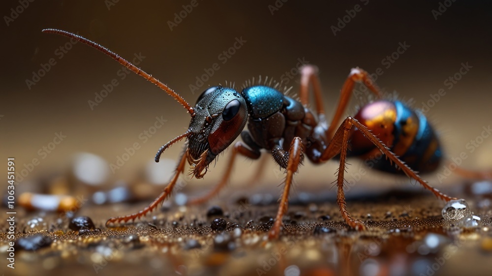 an ant with a striking metallic blue and black exoskeleton. Its large, compound eyes and long antennae give it a curious and alert expression.