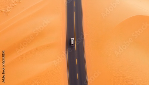 Aerial shot of a highway through the desert, with sand dunes on either side and a lone vehicle traveling, Isolated, Photography photo