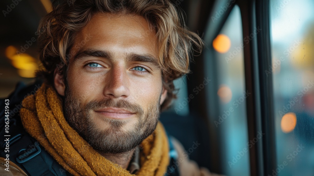 Young man in train wearing yellow jacket, warm scarf, relaxed mood, close-up portrait, traveler enjoying journey, winter outdoor setting, scenic view, lifestyle, cozy feeling, cold weather travel