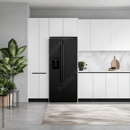 Modern kitchen with black refrigerator and minimalist design elements.