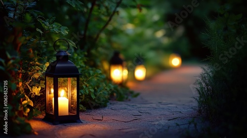 Lanterns glowing on a garden path , surrounded by greenery, peaceful  evening setting