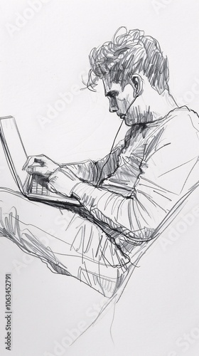 A man working on his laptop in a simple line art style with solid white and black colors