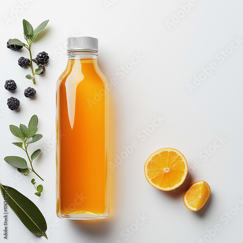 Wallpaper Mural Fresh orange juice in clear bottle surrounded by blackberries and citrus slices, showcasing vibrant colors and natural elements. This evokes refreshing and healthy vibe Torontodigital.ca