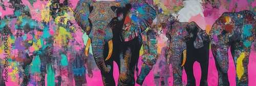 Abstract painting of elephants in a pink background with colorful splatters. photo