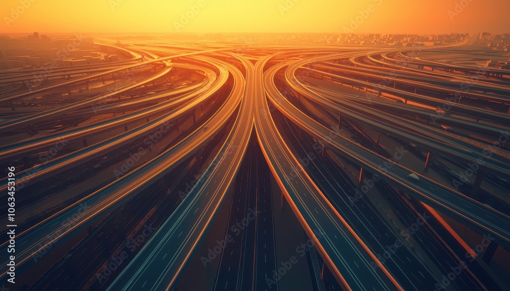 Busy urban highway interchange, towering bridges, 3D illustration Busy urban highway interchange, towering bridges, 3D illustration
