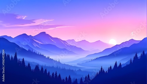 gentle fog rolling over minimalist mountain shapes, subtly changing colors from blue to lavender
