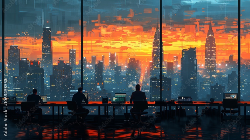 A busy office hums with activity as employees settle in for the day. One worker leans back in their chair, taking a deep sip of coffee, the steam swirling in the cool air as the city skyline glows out A busy office hums with activity as employees settle in for the day. One worker leans back in their chair, taking a deep sip of coffee, the steam swirling in the cool air as the city skyline glows out