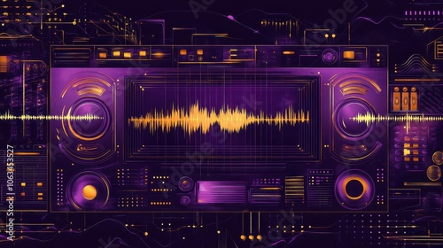 Vintage Music Player Vector Illustration: Vibrant Purple and Gold, Dynamic Audio Bars, Urban Patterns, Street Dance Elements, Minimalist Composition with Depth.