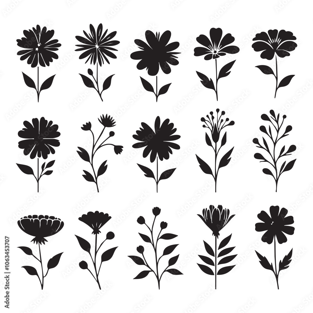 Silhouette set of flower on white background