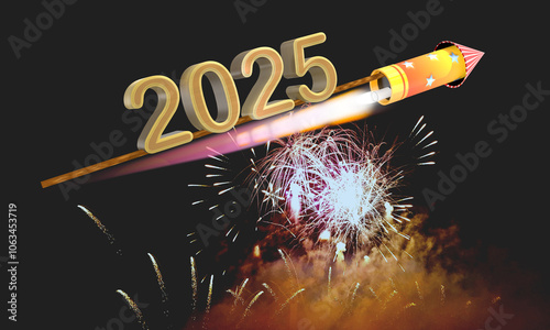 3d Happy New Year mit Silvester Rakete und Feuerwerk zur Begrüßung des neuen Jahres 2025
 photo