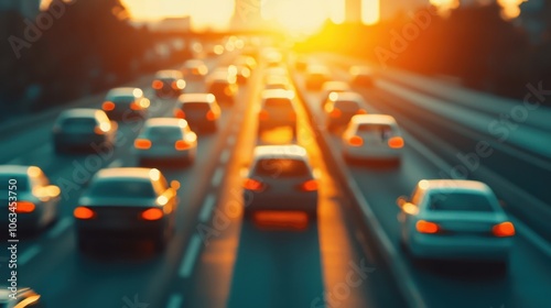 Busy highway during rush hour, with blurred cars moving quickly, dynamic energy and urban feel, Realistic, Photography ,closes up