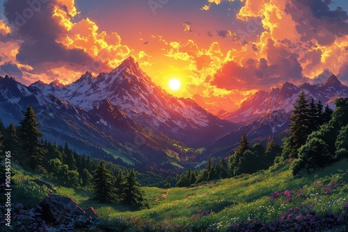 charming drawing of majestic mountains and lush green landscapes under a vibrant sunset rich hues blending in the sky evoking tranquility and adventure in natures embrace