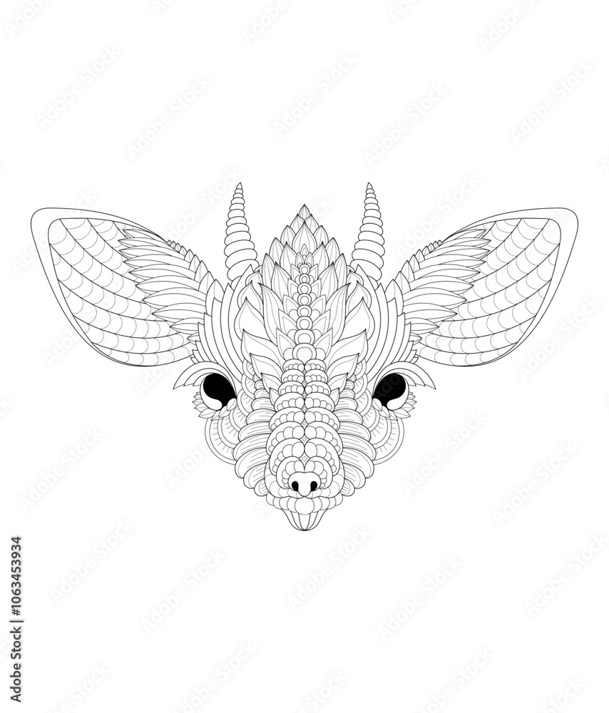 Vector illustration of black and white portrait image with stenboki. Drawn in zentangle style for t-shirt design or tattoo. Anti-stress coloring page with wild nature. Vector illustration of black and white portrait image with stenboki. Drawn in zentangle style for t-shirt design or tattoo. Anti-stress coloring page with wild nature.