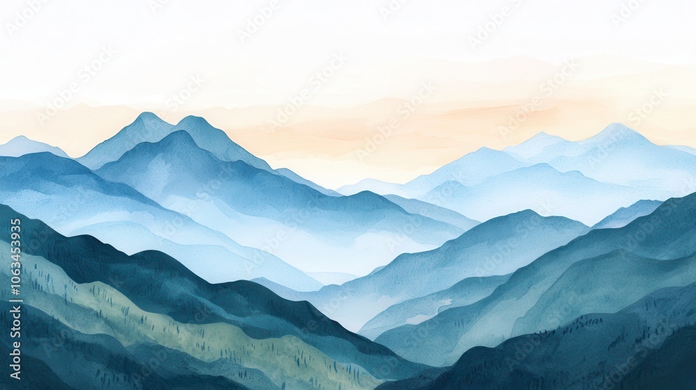 Obraz premium Serene mountain landscape with layers of blue and teal hues, soft pastel sky.