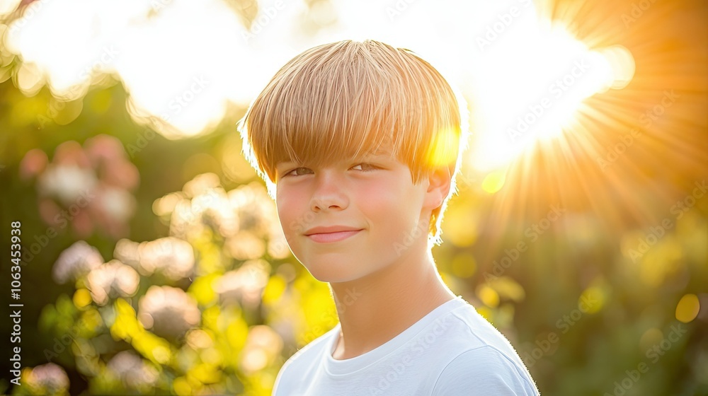 Fototapeta premium Boy Smiling Against a Vibrant Sunset Background