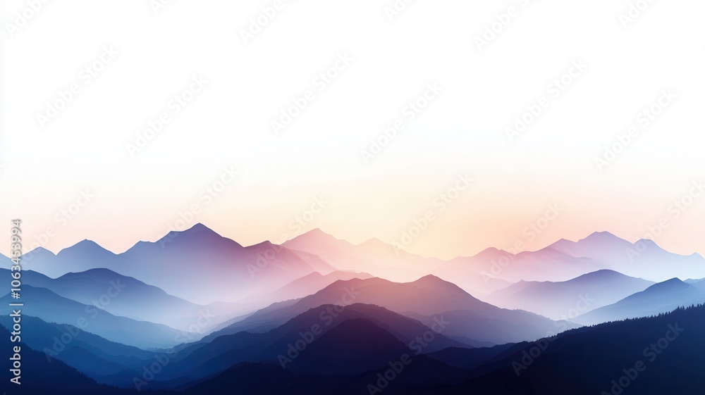 Serene mountain range with soft hues and misty atmosphere, white isolate background. Serene mountain range with soft hues and misty atmosphere, white isolate background.