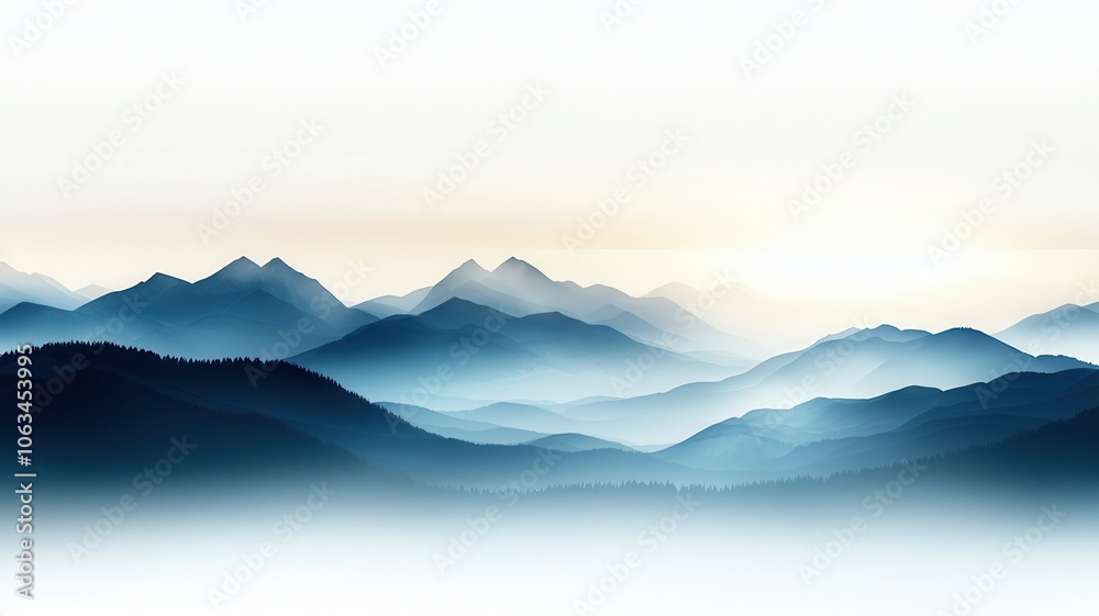 Obraz premium Serene mountain landscape with soft mist and gentle hues at sunrise.