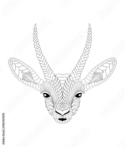 Vector illustration of black and white portrait image with thomson gazelle. Drawn in zentangle style for t-shirt design or tattoo. Anti-stress coloring page with wild nature.