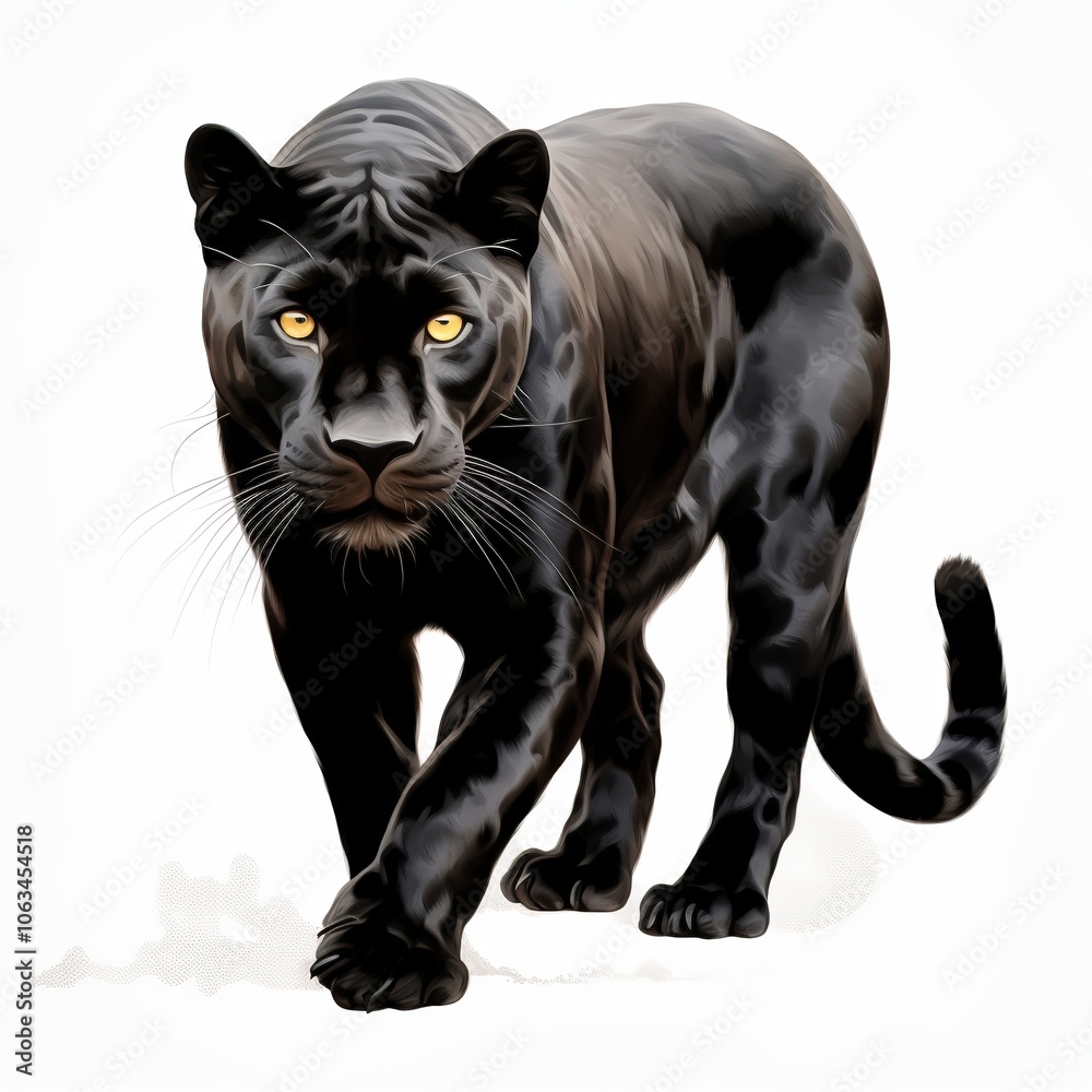 A black panther is walking on a white background A black panther is walking on a white background