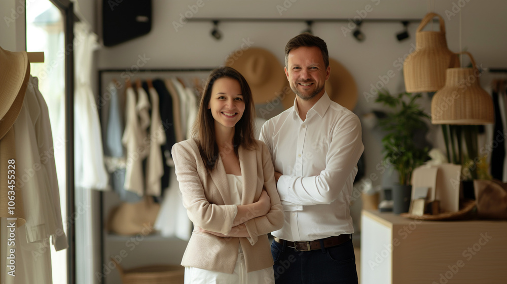 Business owners in a fancy clothing store, smiling confidently. Business owners in a fancy clothing store, smiling confidently.