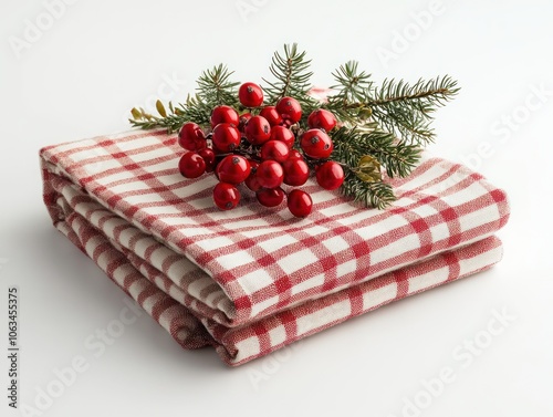 christmas checkered tablecloth folded on a white background 